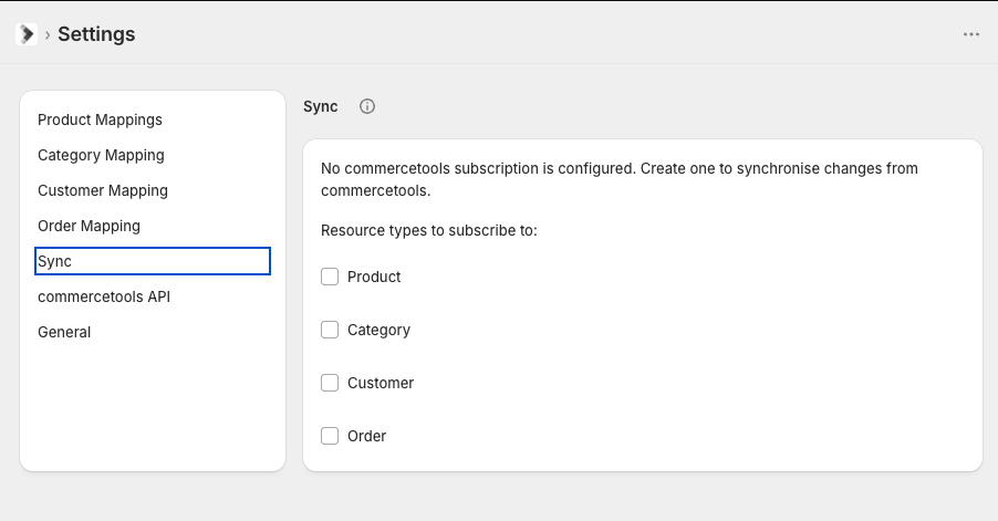 Sync subscription settings with product, category, customer and order resource types