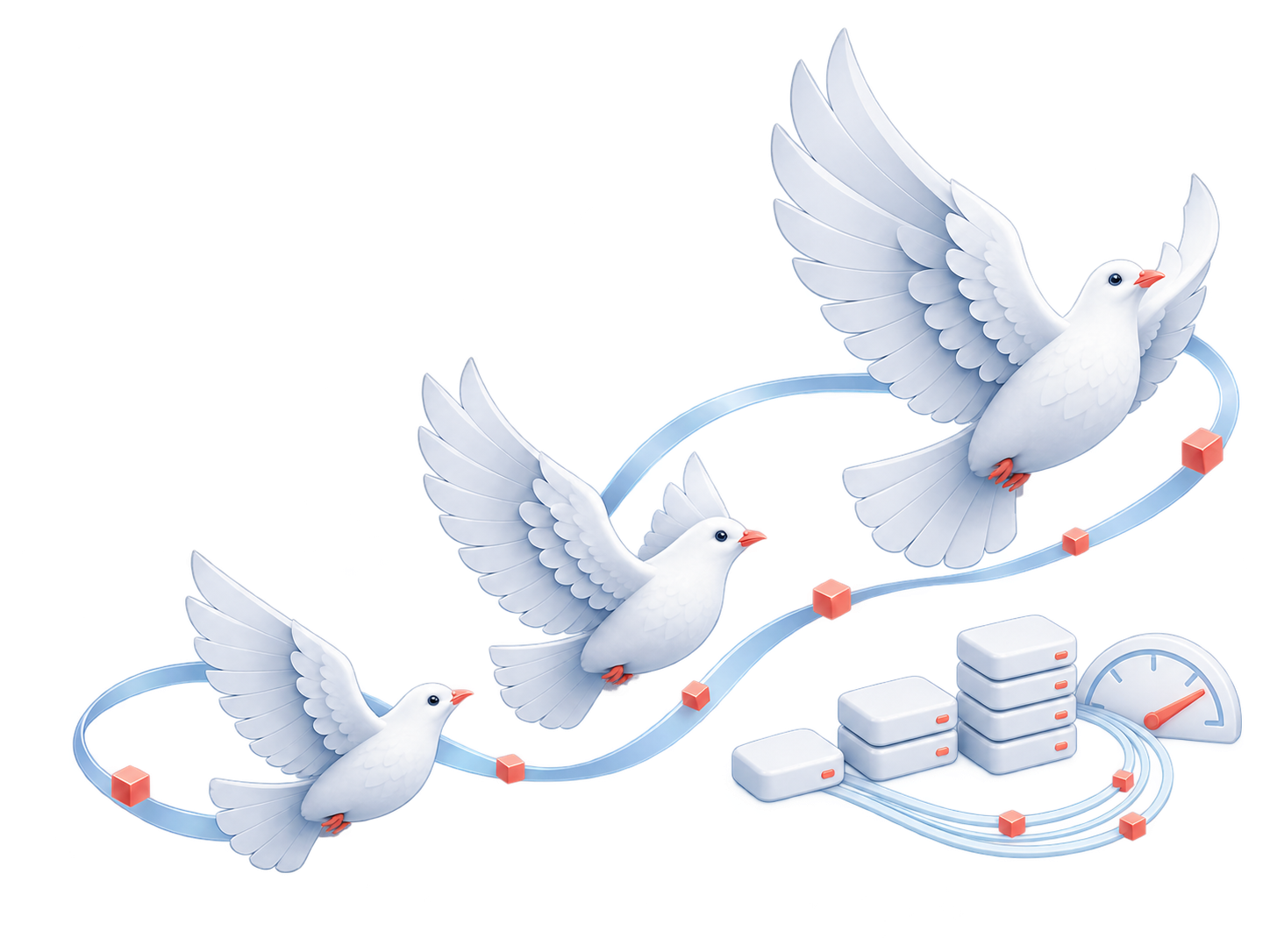 Three white doves flying above growing compute stacks, a performance dial and flowing data paths