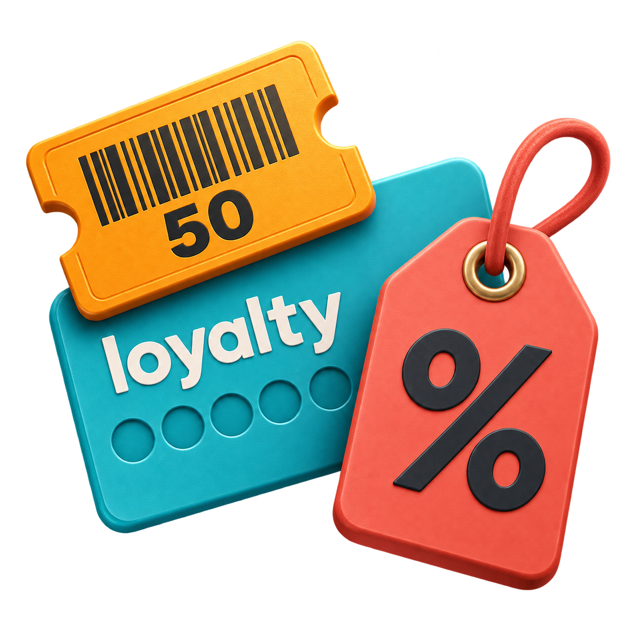 Coupon, loyalty card and percentage discount tag